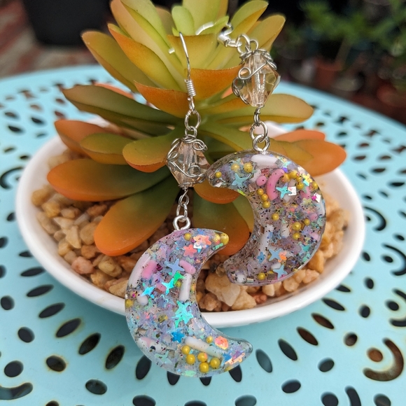 Moon Earrings Candy Sprinkles Resin Handmade Crescent Moon Wire Wrapped Cute Art - Picture 7 of 8